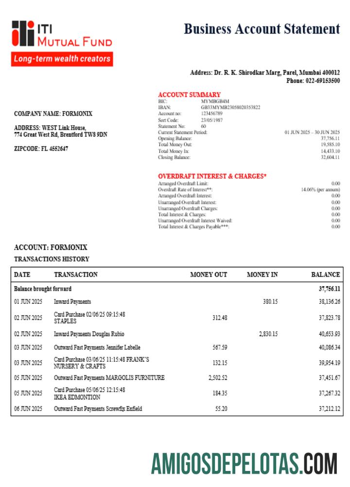 Exemplo de declaração de empresa de banco de negócios de fundos mútuos do ITI em formato Word e PDF